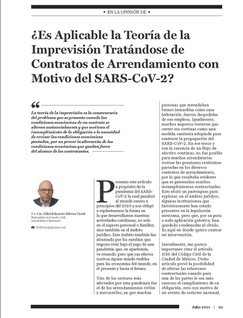 Es Aplicable la Teoría de la Imprevisión Tratándose de Contratos de Arrendamiento con Motivo del SARS-Cov-2